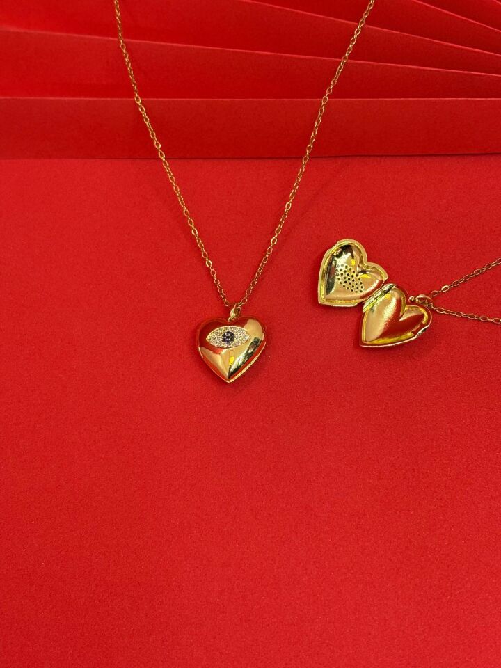 316L Çelik Gold Renk Çerçeveli Açılır Resimli Nazar Kolye