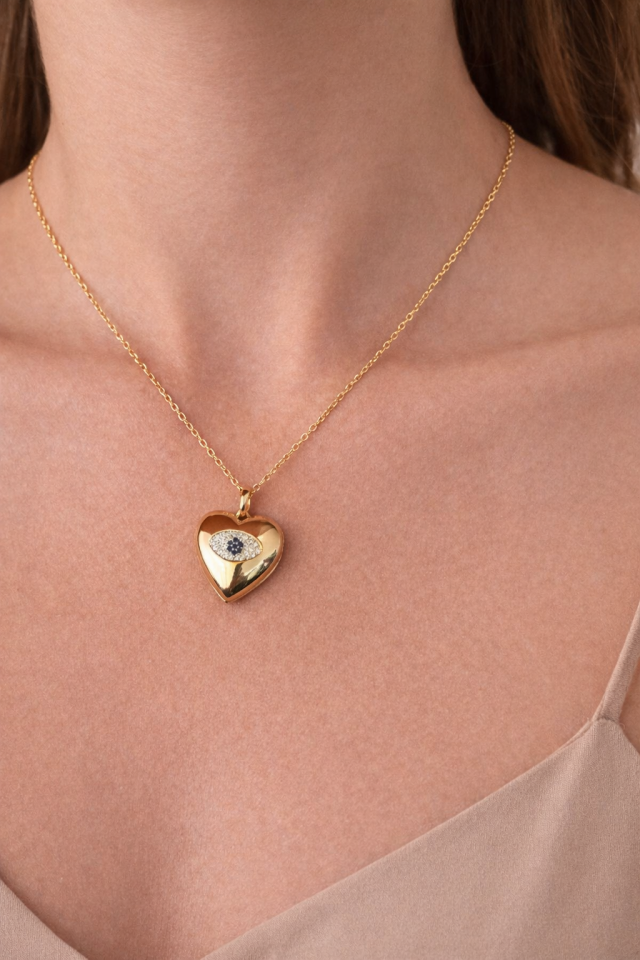 316L Çelik Gold Renk Çerçeveli Açılır Resimli Nazar Kolye