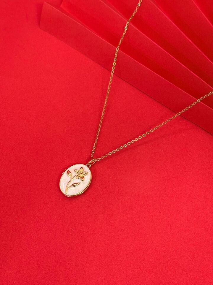 316L Çelik Gold Renk Alya Açılır Resimli Beyaz Çiçekli Kolye