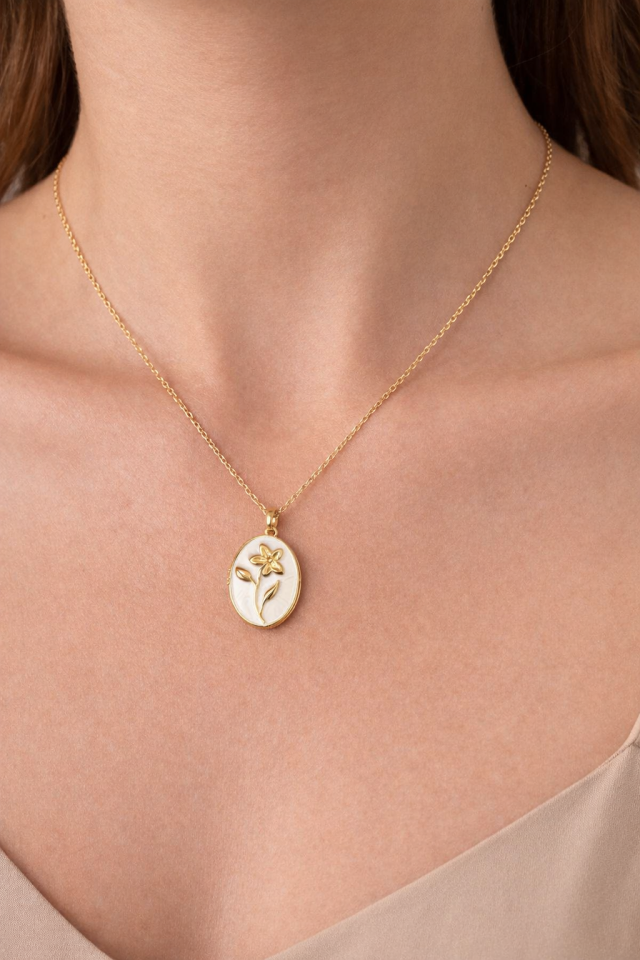 316L Çelik Gold Renk Alya Açılır Resimli Beyaz Çiçekli Kolye