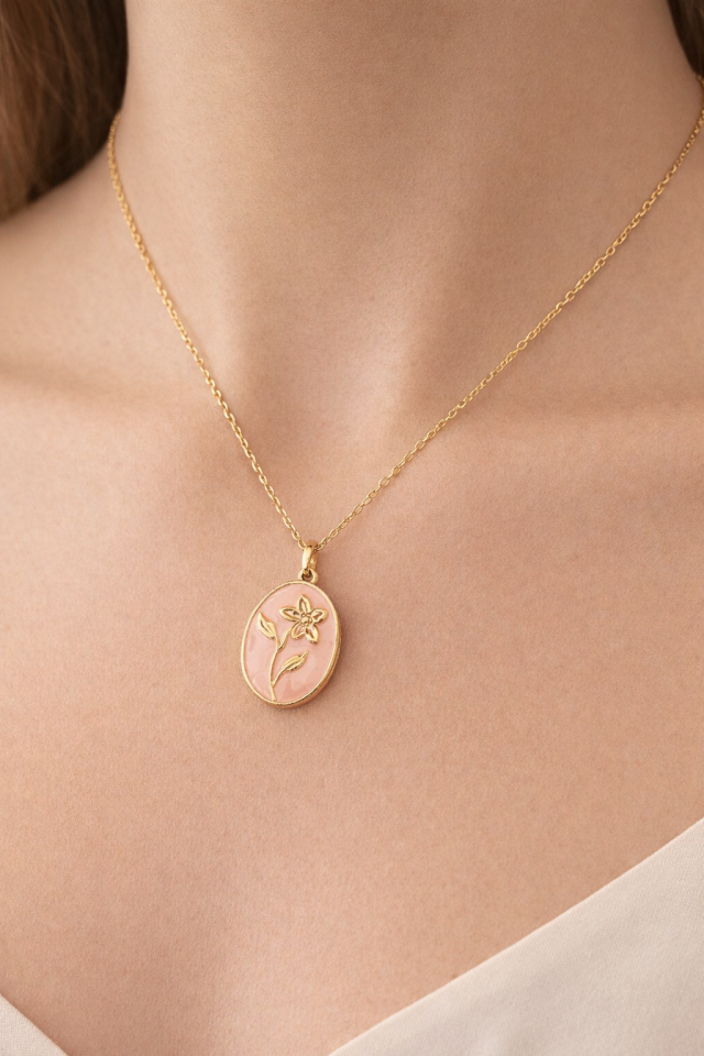 316L Çelik Gold Renk Alya Açılır Resimli Pembe Çiçekli Kolye