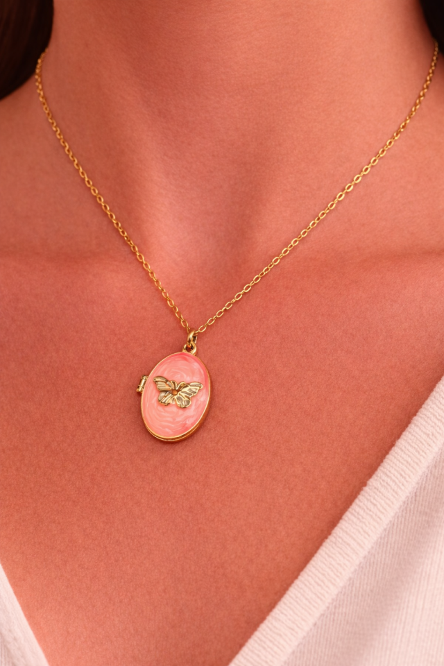 316L Çelik Gold Renk Alya Açılır Resimli Kelebek Kolye