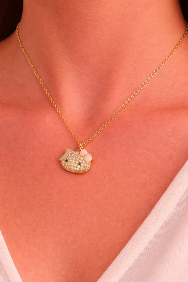 316L Çelik Gold Renk Alya Açılır Resimli Golden Kitty Kolye