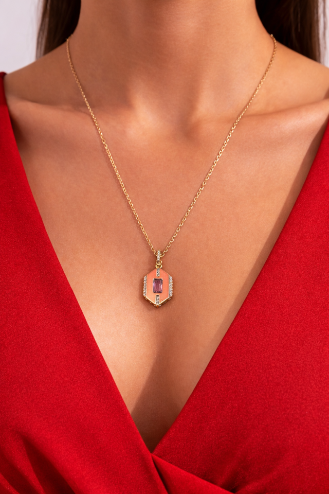 Pembe Taşlı Gold Kolye