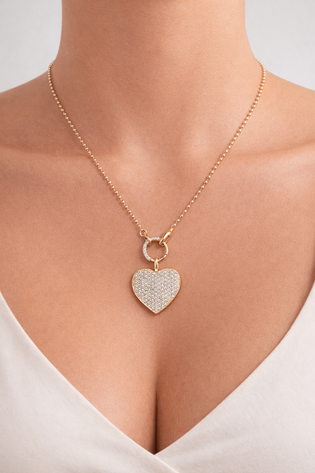Taşlı Kalp Gold Kolye