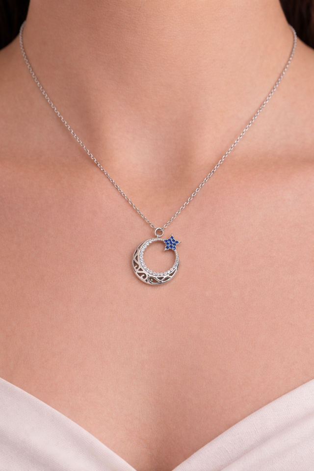 Taşlı Ay Yıldız Kolye