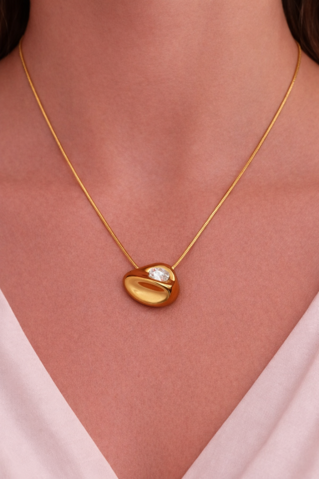 Minimal Taşlı Oval Kolye
