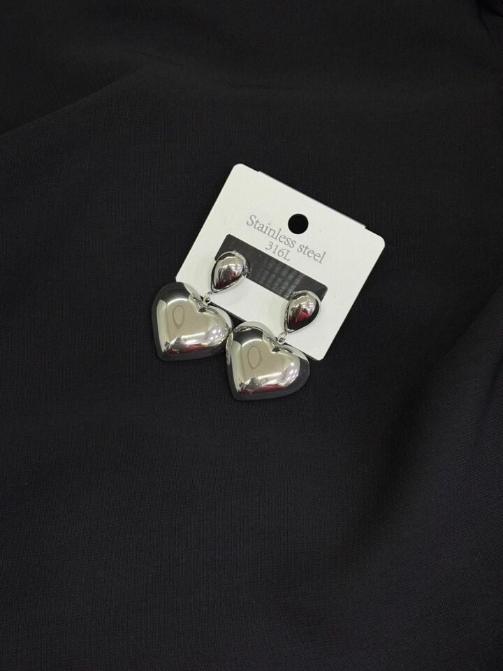 316L Çelik Gümüş Renk Kalp Küpe