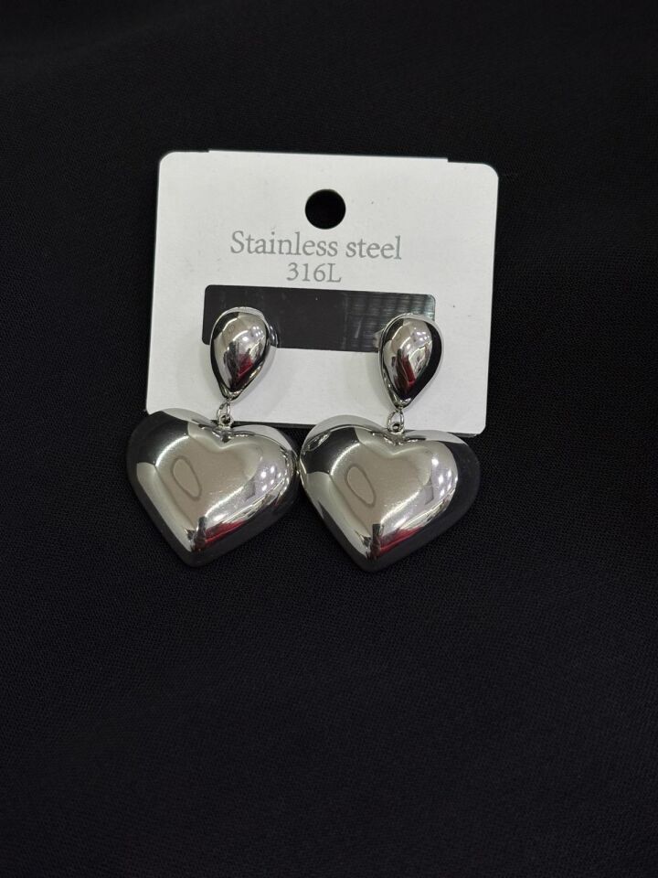 316L Çelik Gümüş Renk Kalp Küpe