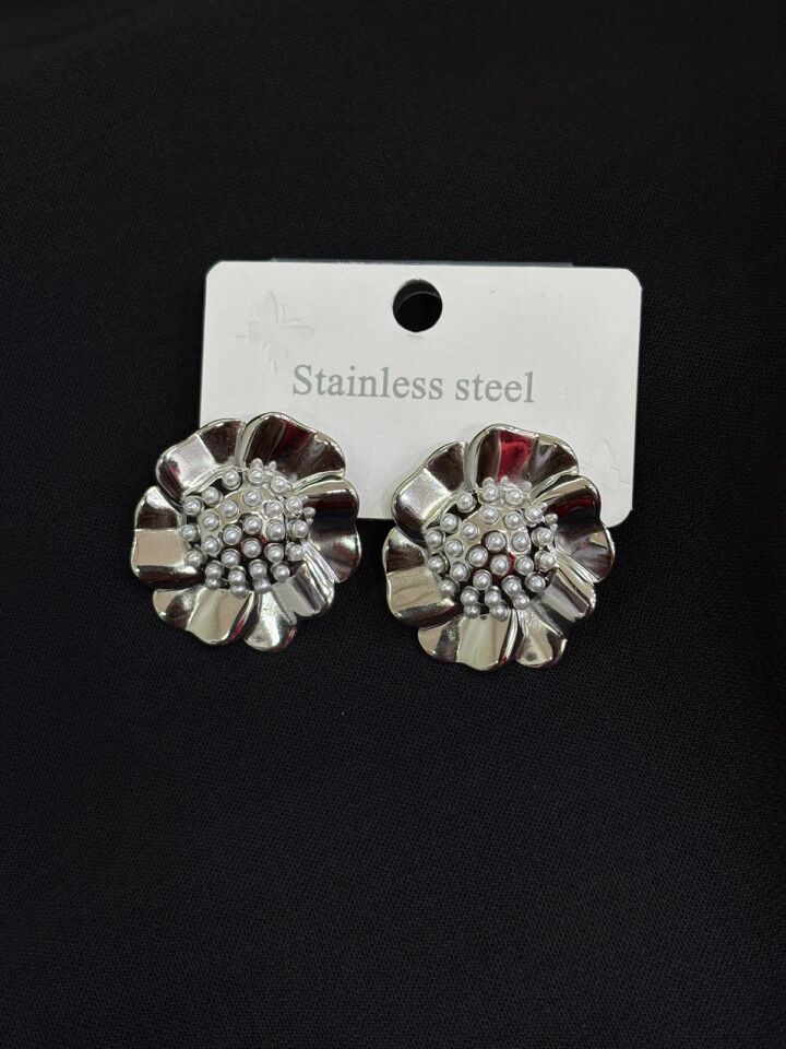 316L Çelik Gümüş Renk Çiçek Küpe