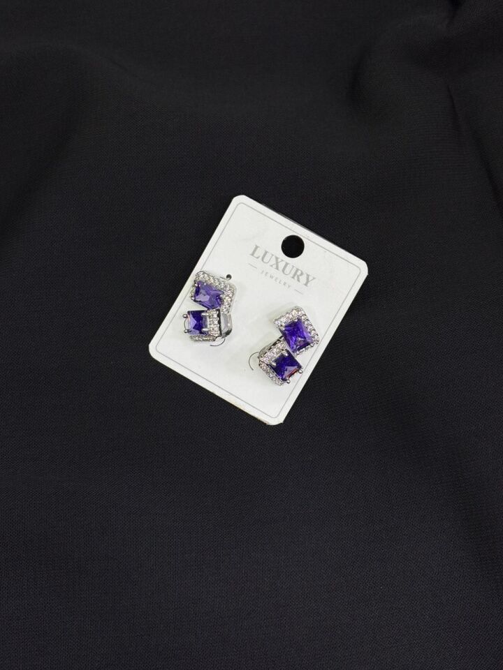 Luxury Gümüş Renk Mor Taşlı Küpe