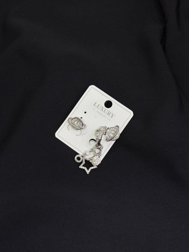 Luxury Gümüş Renk Gezegen Küpe