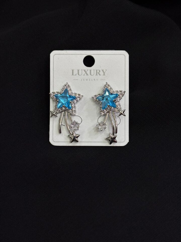 Luxury Gümüş Renk Mavi Taşlı Küpe