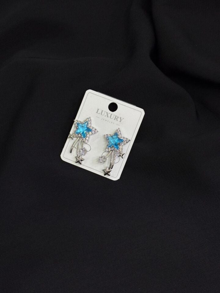 Luxury Gümüş Renk Mavi Taşlı Küpe