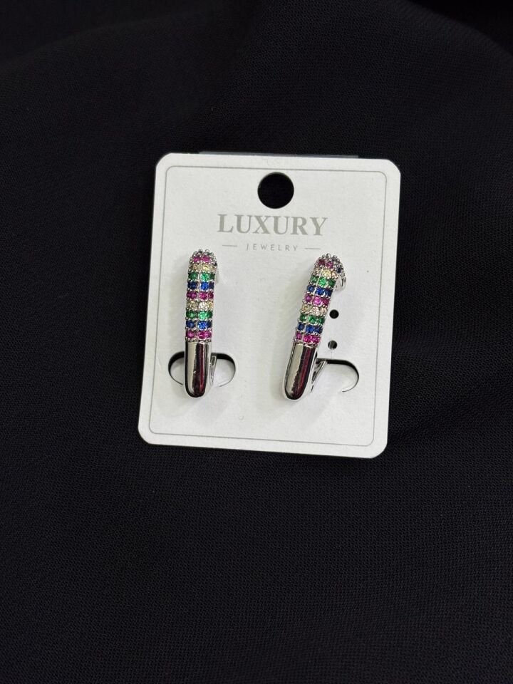 Luxury Gümüş Renk Taşlı Küpe