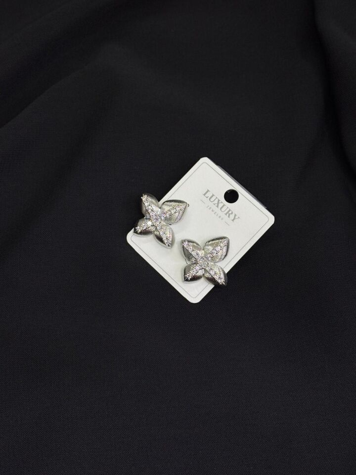 Luxury Gümüş Renk Çiçek Taşlı Küpe