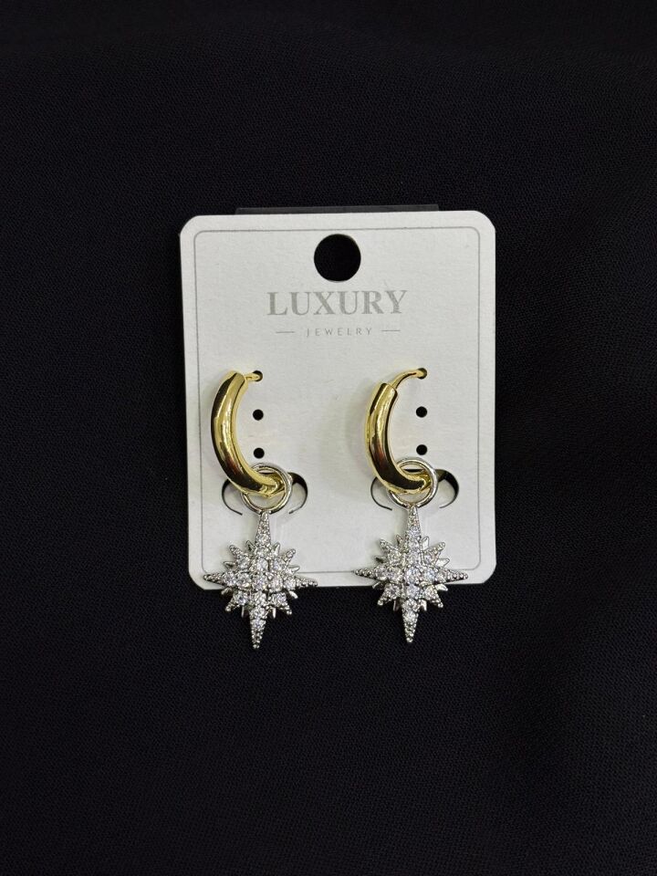 Luxury Gold Renk Zirkon Taşlı Yıldız Küpe