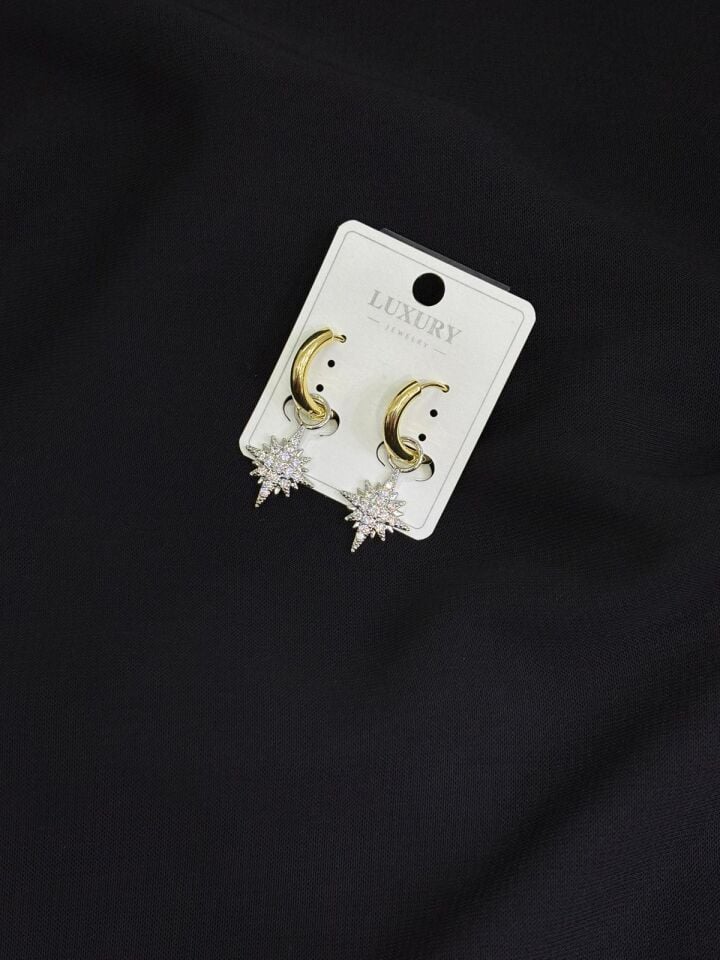 Luxury Gold Renk Zirkon Taşlı Yıldız Küpe