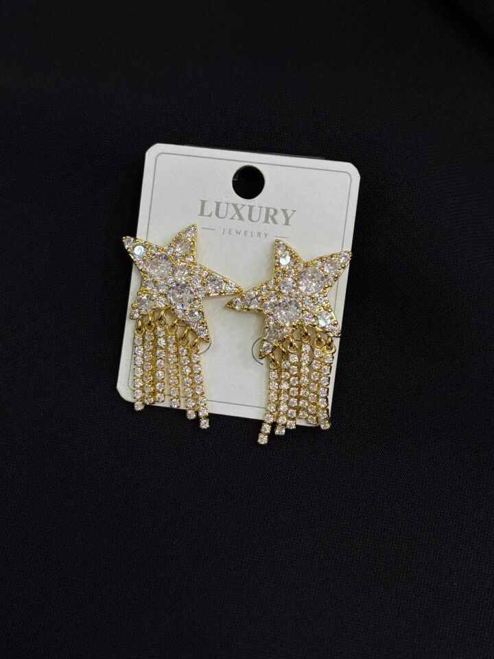 Luxury Gold Renk Zirkon Taşlı Yıldız Küpe