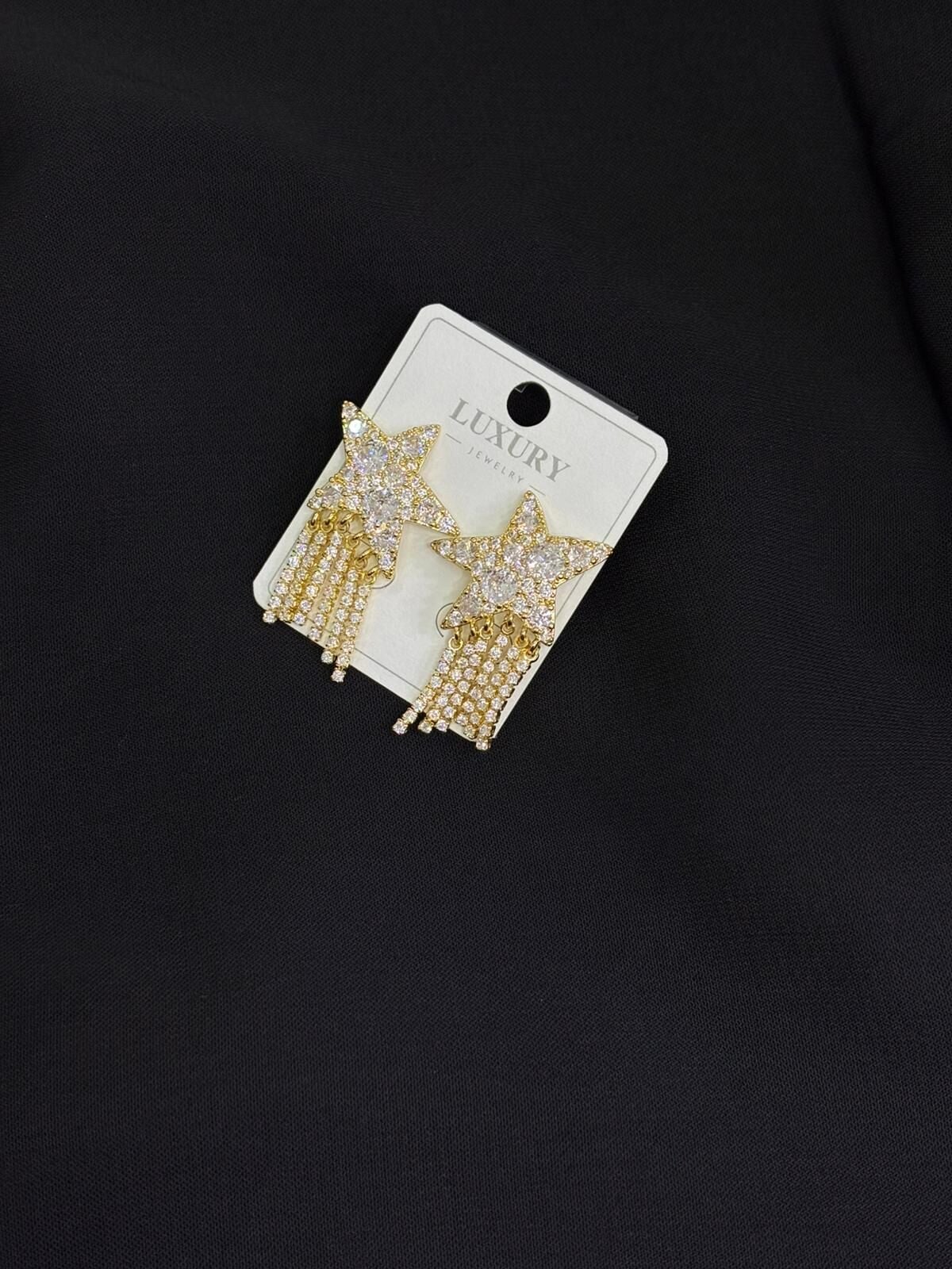 Luxury Gold Renk Zirkon Taşlı Yıldız Küpe