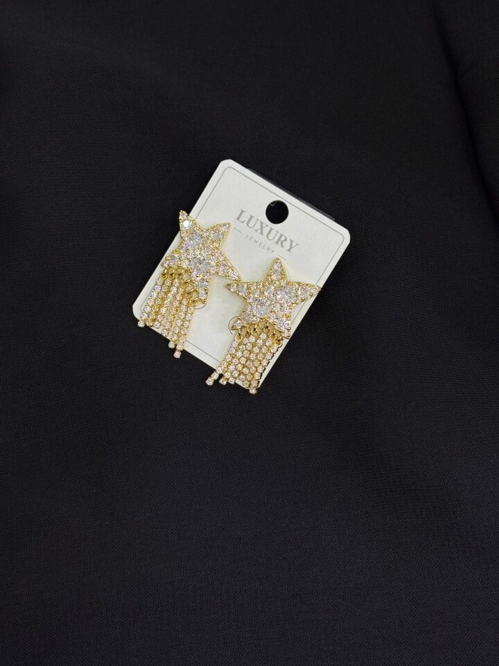 Luxury Gold Renk Zirkon Taşlı Yıldız Küpe