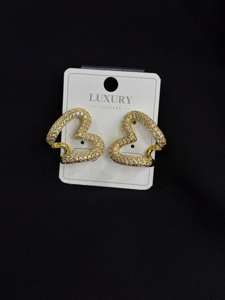 Luxury Gold Renk Zirkon Taşlı Kalp Küpe