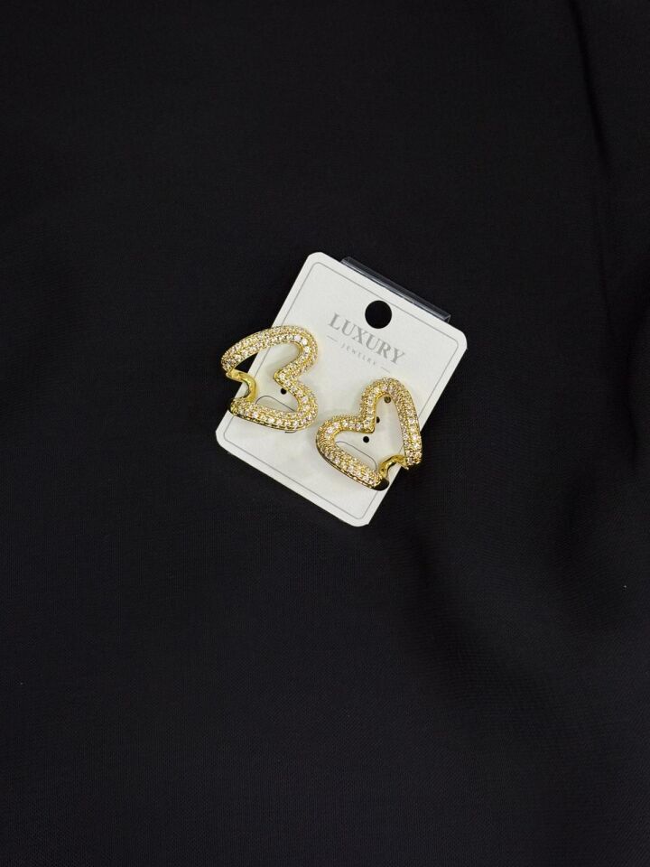 Luxury Gold Renk Zirkon Taşlı Kalp Küpe