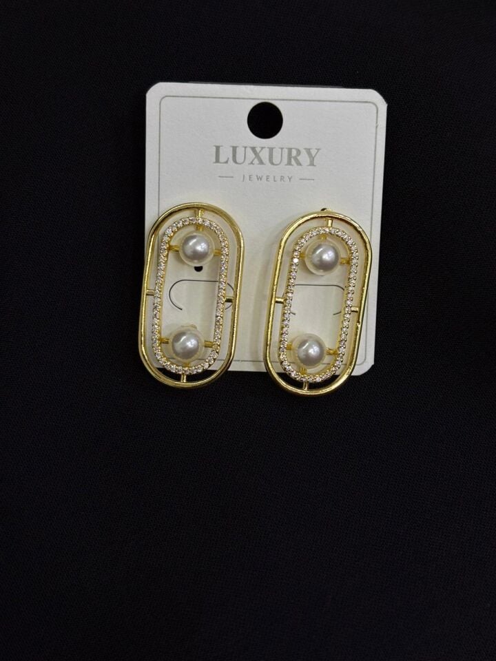 Luxury Gold Renk İnci ve Zirkon Taşlı Küpe