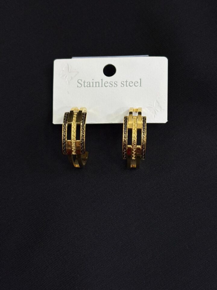 316L Çelik Gold Renk Siyah Desenli Küpe