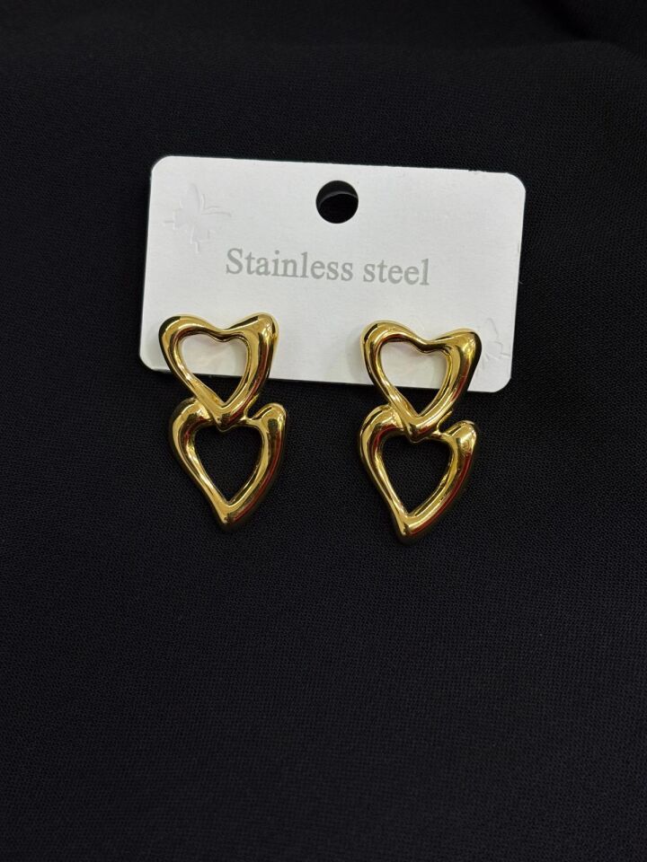 316L Çelik Gold Renk Çift Kalp Küpe