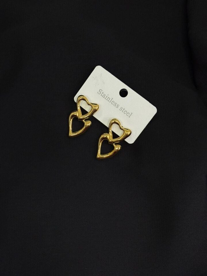 316L Çelik Gold Renk Çift Kalp Küpe