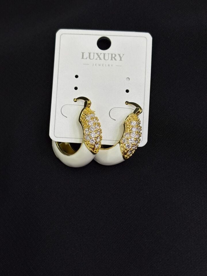 Luxury Gold Renk Beyaz Zirkon Taşlı Küpe