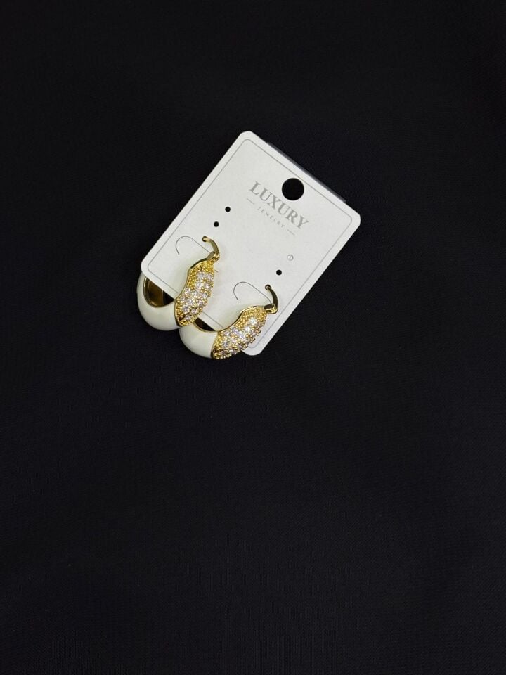 Luxury Gold Renk Beyaz Zirkon Taşlı Küpe