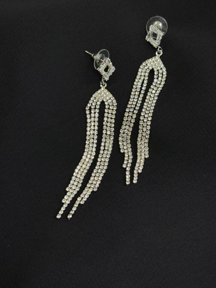 Luxury Gümüş Renk Taşlı Abiye Küpe