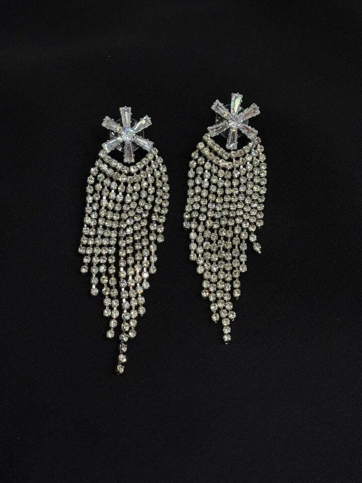 Luxury Gümüş Renk Taşlı Abiye Küpe