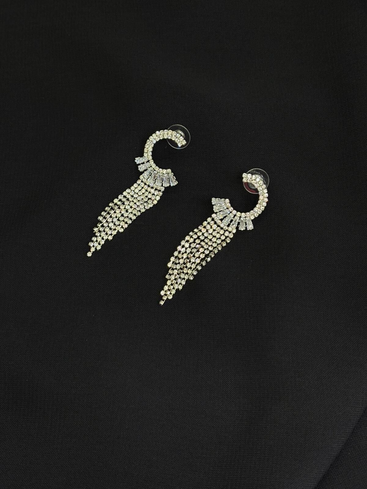 Luxury Gümüş Renk Taşlı Abiye Küpe