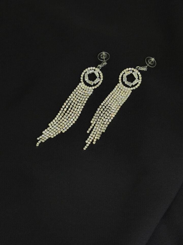 Luxury Gümüş Renk Taşlı Abiye Küpe