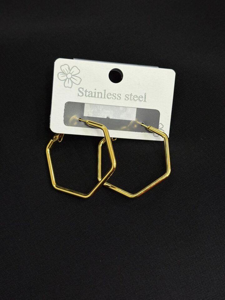 316L Çelik Gold Renk Beşgen Halka Küpe