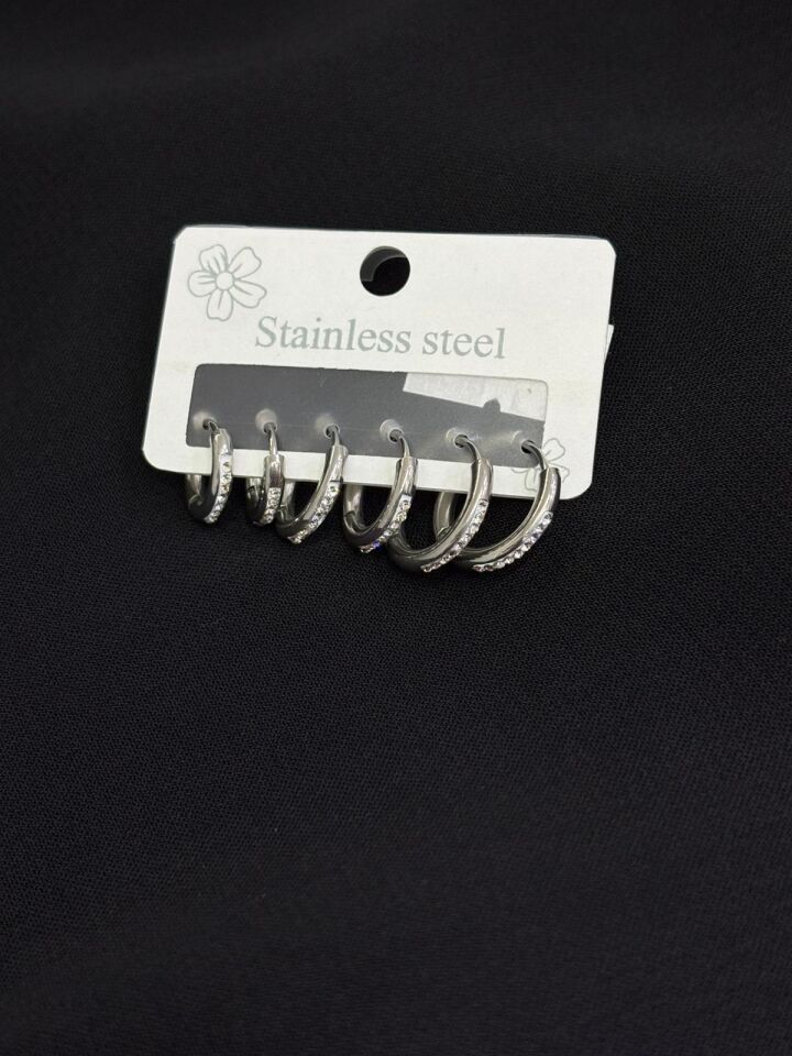 316L Çelik Gümüş Renk 3lü Set Taşlı Halka Küpe