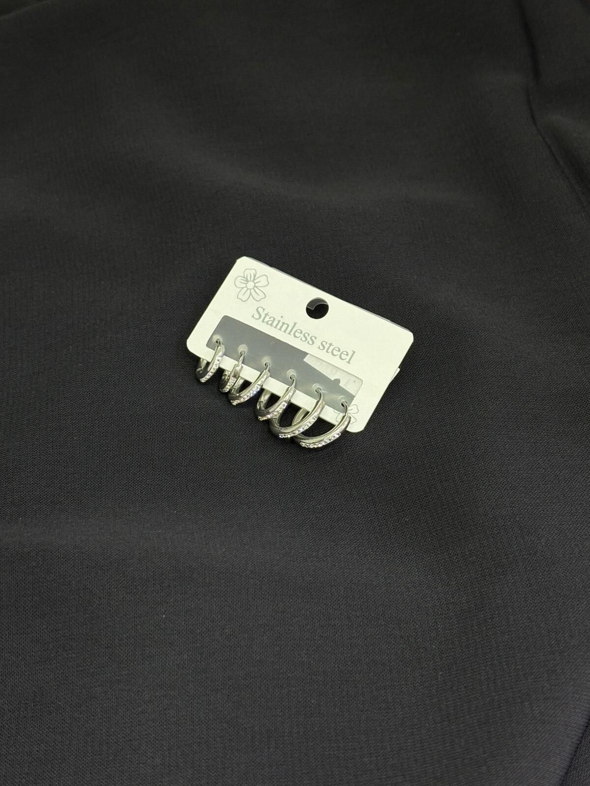 316L Çelik Gümüş Renk 3lü Set Taşlı Halka Küpe