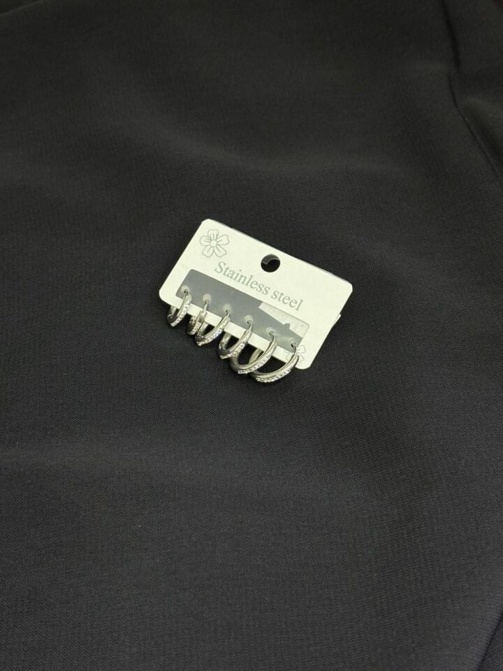 316L Çelik Gümüş Renk 3lü Set Taşlı Halka Küpe