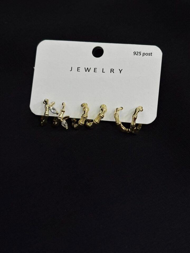 316L Çelik Gold Renk 3lü Set Halka Küpe