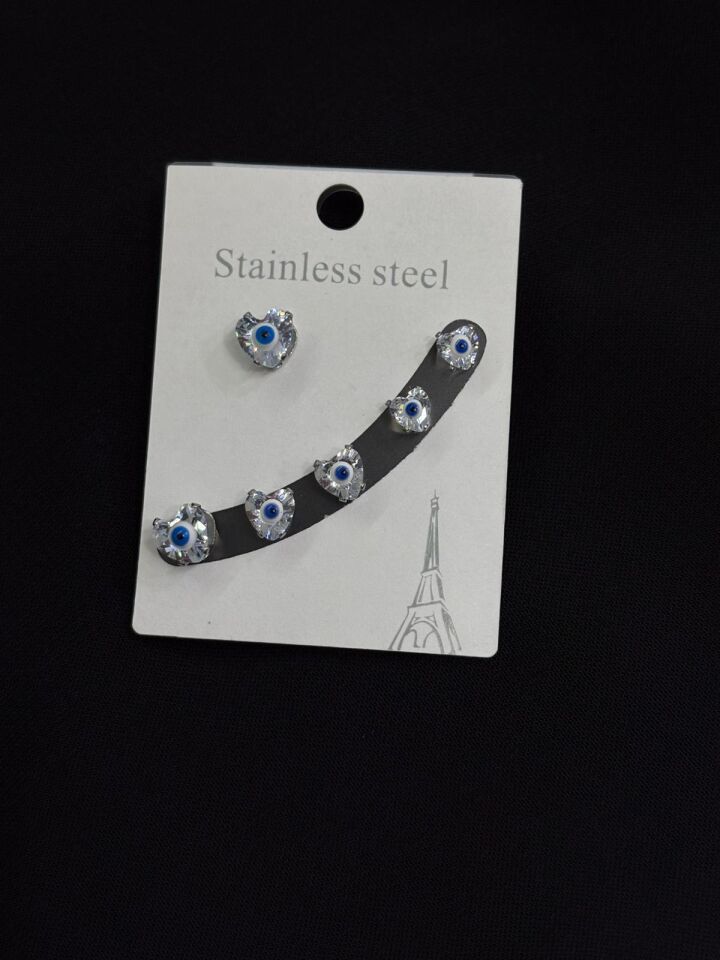 316L Çelik Gümüş Renk 3lü Set Nazar Küpe