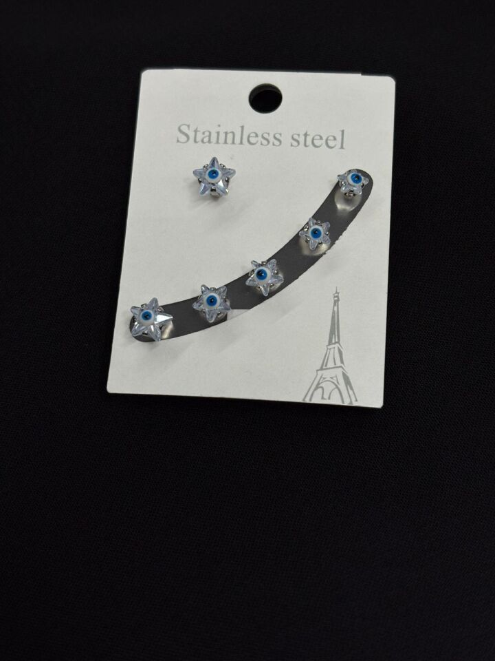 Çelik Gümüş Renk 3lü Set Nazar Küpe