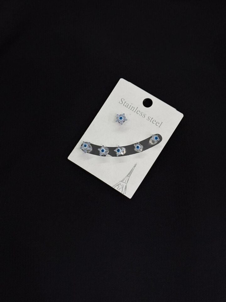 Çelik Gümüş Renk 3lü Set Nazar Küpe