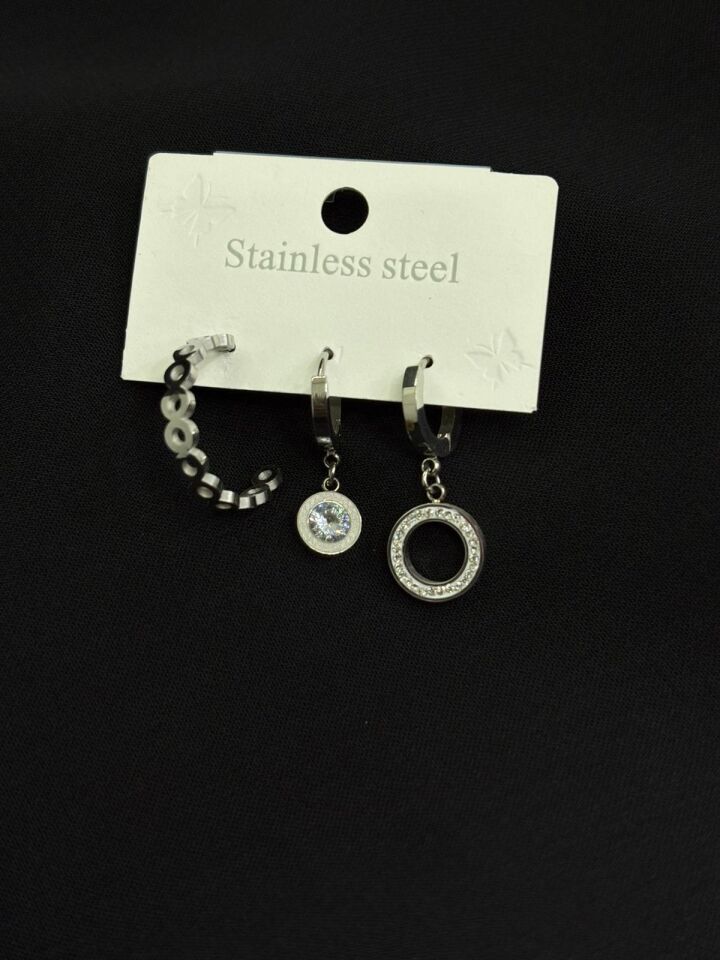 316L Çelik Gümüş Renk 3lü Küpe