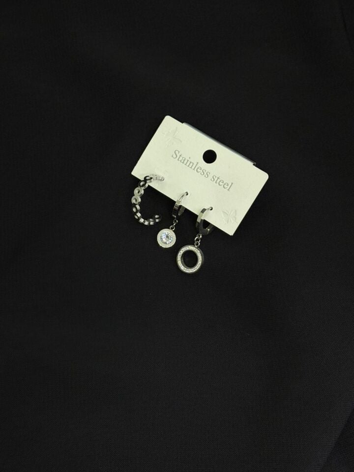 316L Çelik Gümüş Renk 3lü Küpe