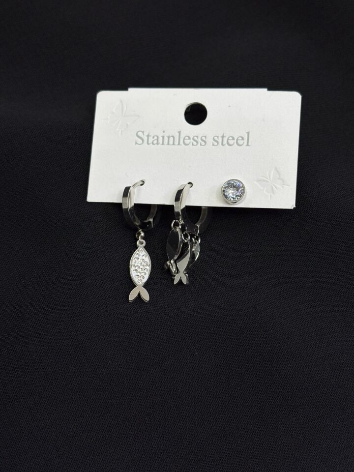 316L Çelik Gümüş Renk 3lü Küpe