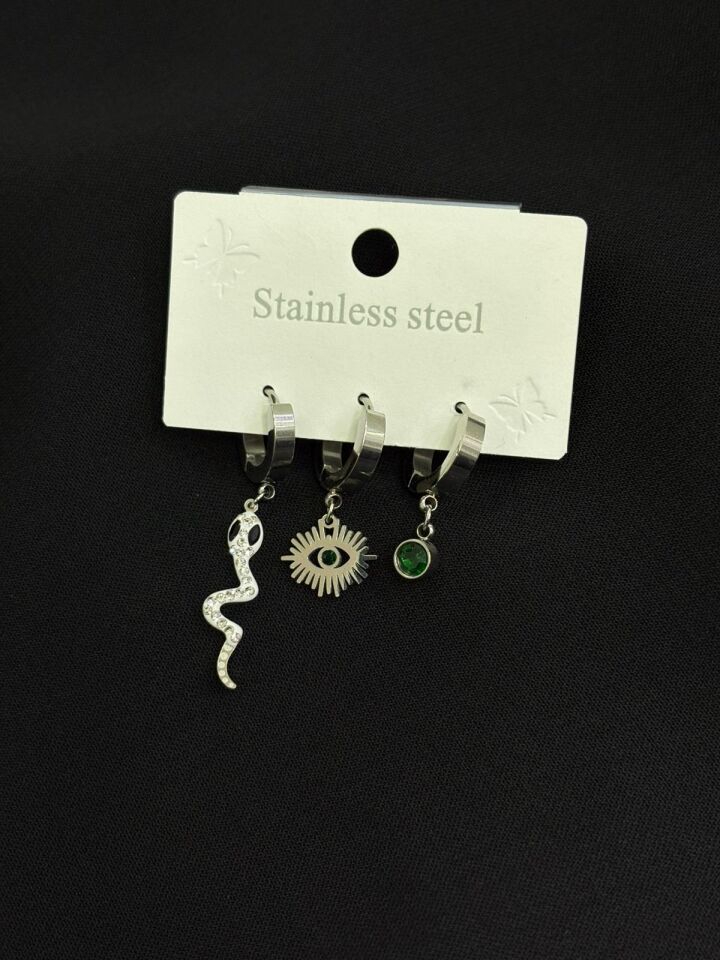 316L Çelik Gümüş Renk 3lü Küpe