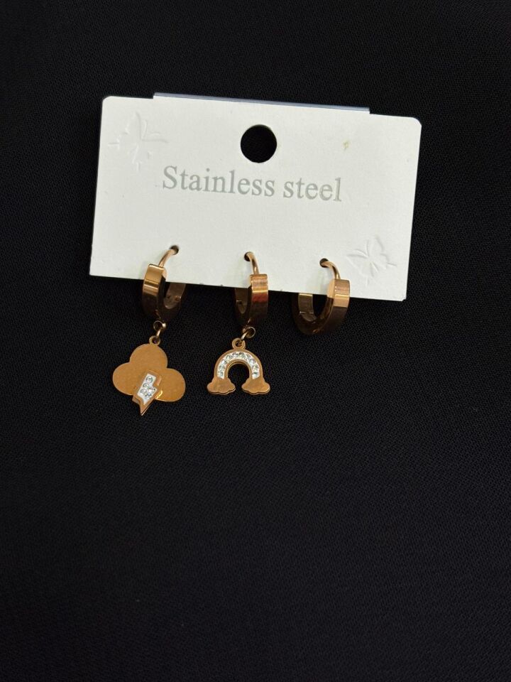 316L Çelik Rose Renk 3lü Küpe